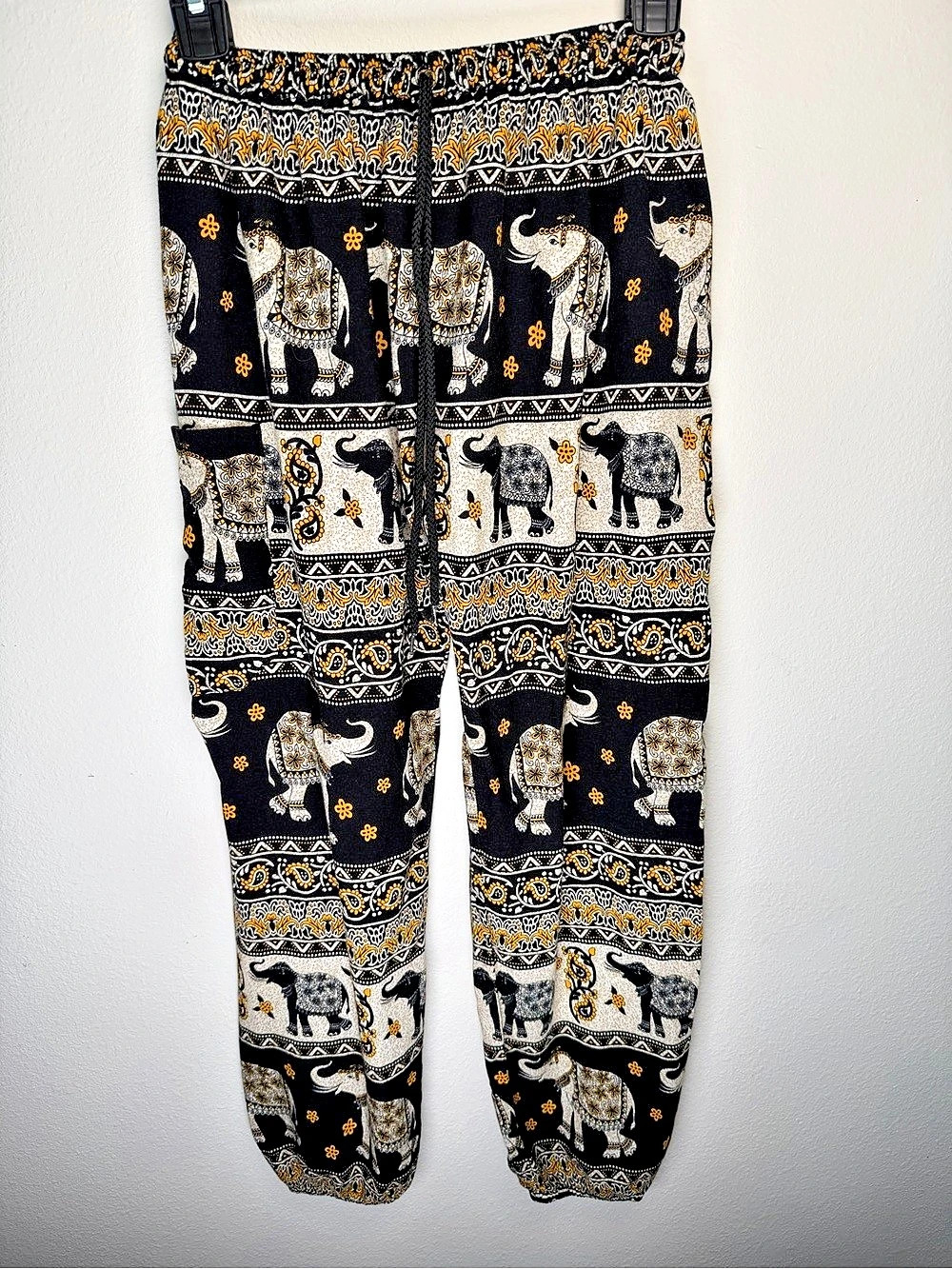 Earthbound Elephant Print Jogger Pants Black Gold Boho Hippie Paisley Harem